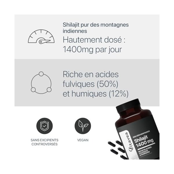 Shilajit 1400mg - Shilajit Pur de lHimalaya - Hautement dosé en Acides Fulviques 50% et Acides Humiques 12% - Immunité, 