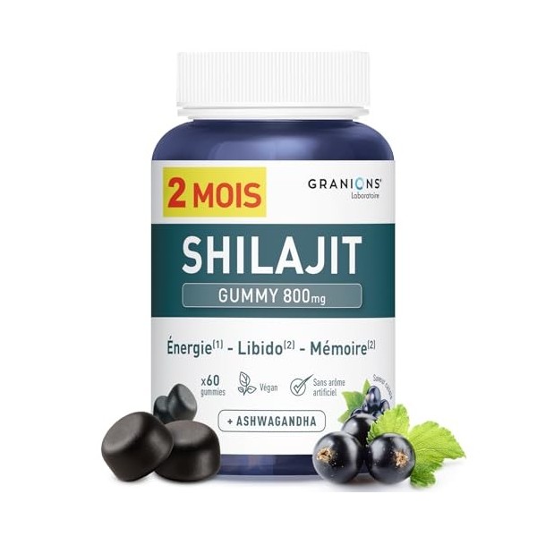 GRANIONS SHILAJIT GUMMIES 2 MOIS | Shilajit Himalaya 800 mg + Ashwagandha + Acide Fulvique | Zinc, Vitamine B12 & B6 -Boost M