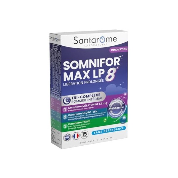 Santarome Bio – Somnifor Max LP 8h – Complément Sommeil Libération Prolongée – Mélatonine 1,9 mg – Endormissement et Sommeil 