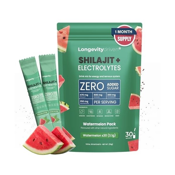 Shilajit Pure Poudre Délectrolytes1620 mg pour Hommes et Femmes - Boisson Vitalité et Longévité avec Shilajit Himalaya, Magn ...