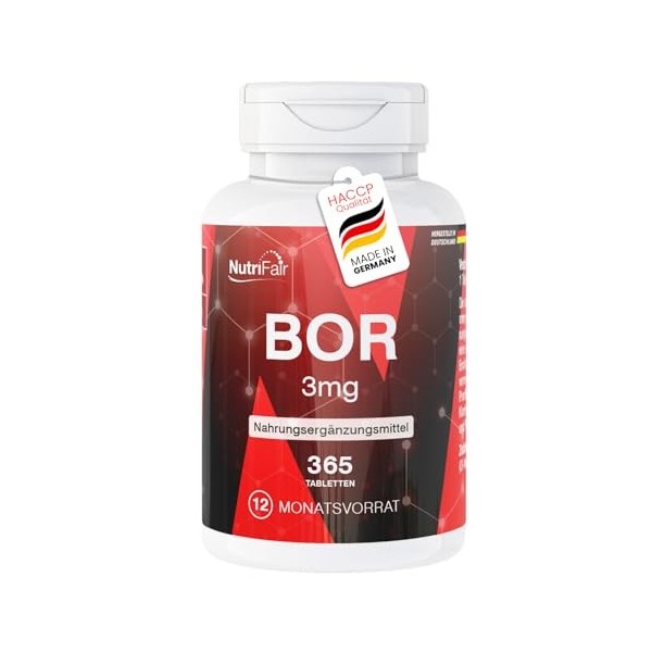 Bore 3 mg - 365 comprimés - Oligo-élément bore - Hautement dosé - 100% végétalien – Fabrication allemande et testé en laborat