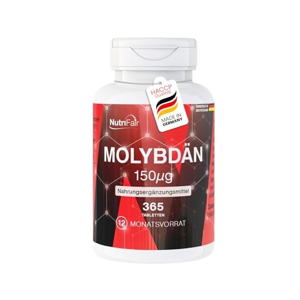 Molybdène 150µg - 365 comprimés contenant chacun 150µg - Molybdate de sodium - Hautement dosé - 100% végétalien - Fabrication