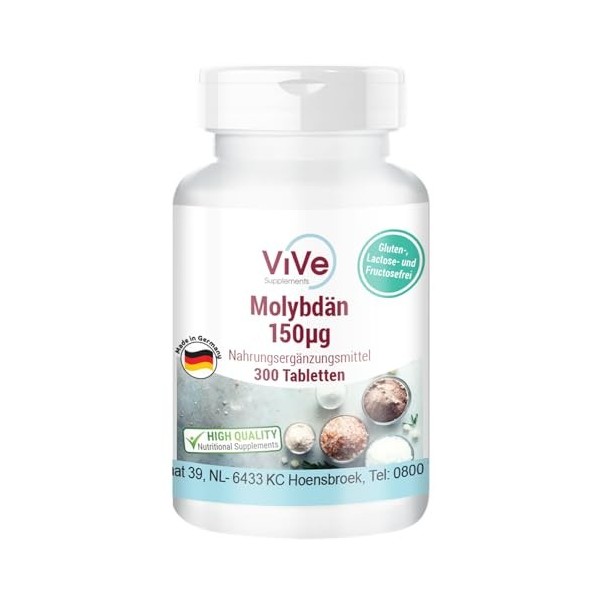 Molybdène 150μg - 300 comprimés - Molybdate de sodium - Hautement dosé - Biodisponible - Qualité allemande - ViVe Supplements