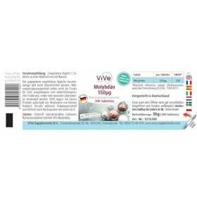 Molybdène 150μg - 300 comprimés - Molybdate de sodium - Hautement dosé - Biodisponible - Qualité allemande - ViVe Supplements
