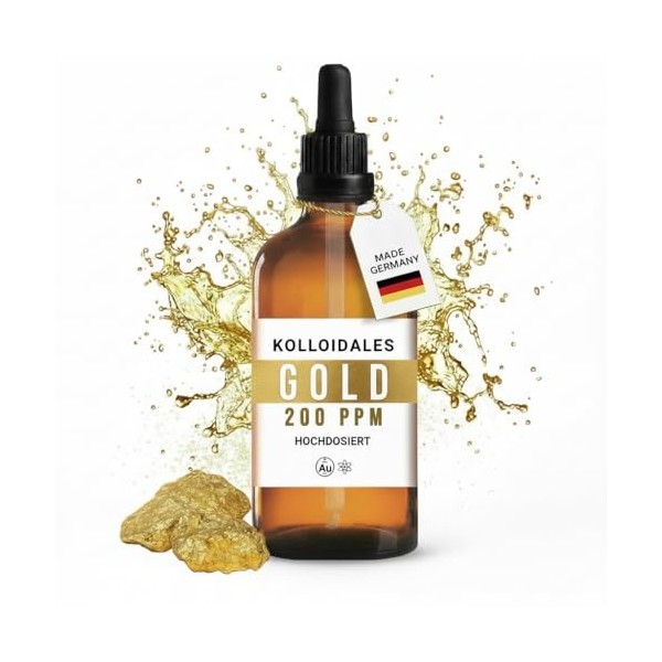 Or colloïdal 200 ppm 100 ml - Dispersion Premium en verre brun pharmaceutique avec pipette de précision - Technologie de pa