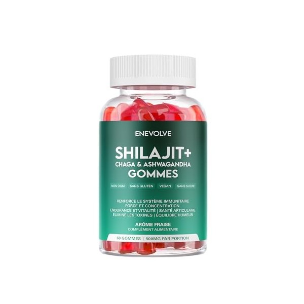 Shilajit Gommes 500mg - Haute concentration - Sans sucre - Saveur fraise - Ashwagandha et Chaga Mushroom - Végétalien et Sans