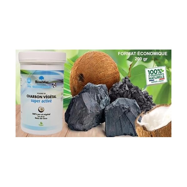 Charbon Végétal Super Activé – Poudre 100% issu de Coques de Noix de Coco – Pot XXL 200 g – Format Économique - Made in Franc...