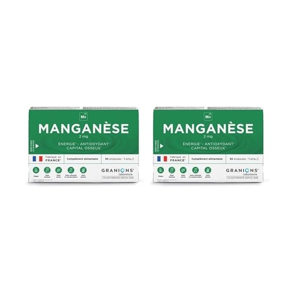 GRANIONS MANGANÈSE 2 mg - 30 ampoules : 30 jours - Énergie - Antioxydant - Capital osseux - 2 mg de Manganèse - Made in Franc...