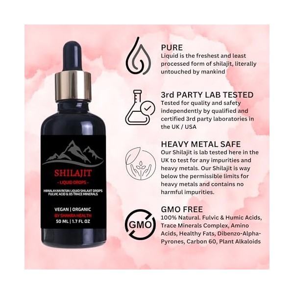 Shilajit Liquid Drops 50 ml / 1,7 fl oz Shilajit pur de lHimalaya avec compte-gouttes. Authentique, végétalien et biologique