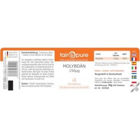 Fair & Pure Molybdène 150μg, 240 comprimés, 150μg par comprimé, complément alimentaire végétalien sans additifs, fabriqué en 