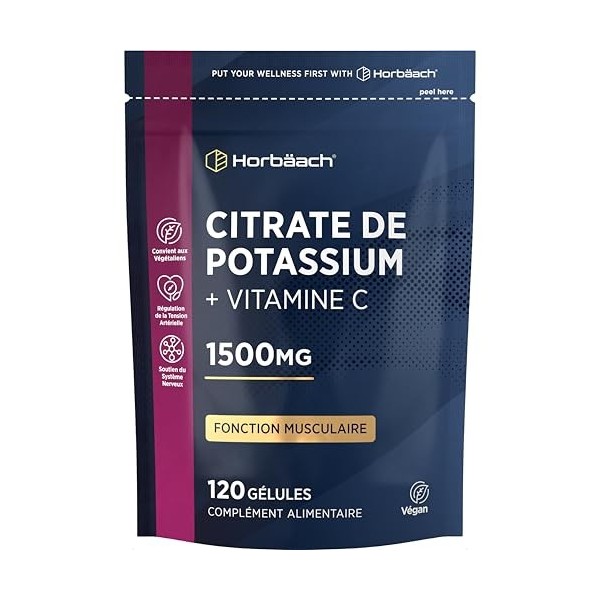 Citrate de Potassium avec Vitamine C | 1500mg | 120 Comprimés Végans | Développement musculaire et Électrolytes EFSA | Haut D