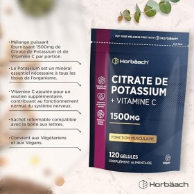 Citrate de Potassium avec Vitamine C | 1500mg | 120 Comprimés Végans | Développement musculaire et Électrolytes EFSA | Haut D