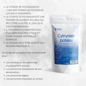 Citrate de potassium – Poudre de 500 g – Sans additifs – 720 mg de potassium pur par portion quotidienne – Emballage étanche 