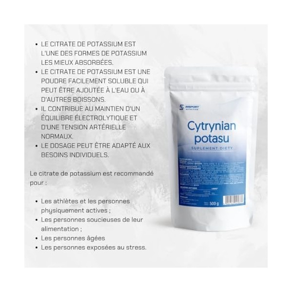 Citrate de potassium – Poudre de 500 g – Sans additifs – 720 mg de potassium pur par portion quotidienne – Emballage étanche 