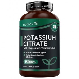 Nutravita Potassium Citrate 525 mg avec Vitamine C - 150 Comprimés Vegan, pour 3 mois - Fonctionnement Musculaire Normal - Ci