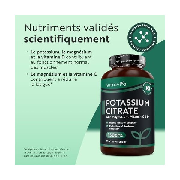 Nutravita Potassium Citrate 525 mg avec Vitamine C - 150 Comprimés Vegan, pour 3 mois - Fonctionnement Musculaire Normal - Ci