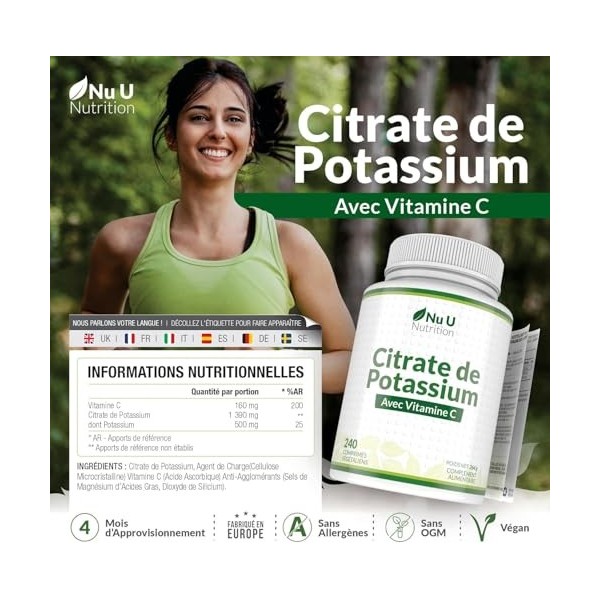 Supplément de Potassium 1550mg & Vitamine C - 240 Comprimés Végétaliens - 4 Mois d’Approvisionnement -Citrate de Potassium à 