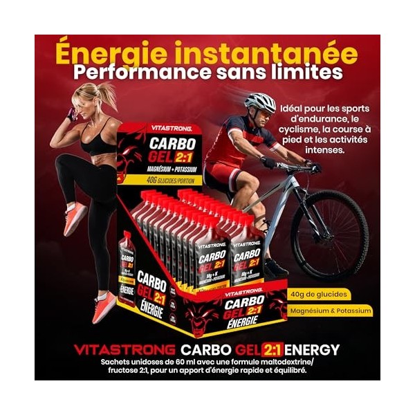 Vitastrong Carbo Gel 2:1 Energy, 24 Sachets Monodoses 60ml, Gel Sport Énergétique, 40g Glucides, 56mg Magnésium, 300mg Potass...