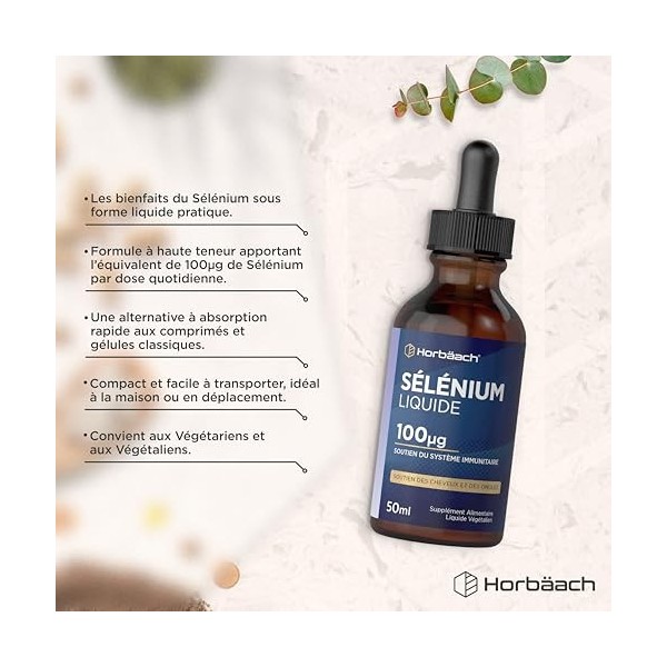 Selenium 100ug | 50ml Liquide Végane | Sélénite de Sodium à Haute Concentration | Selenium Liquid Drops | Horbaach