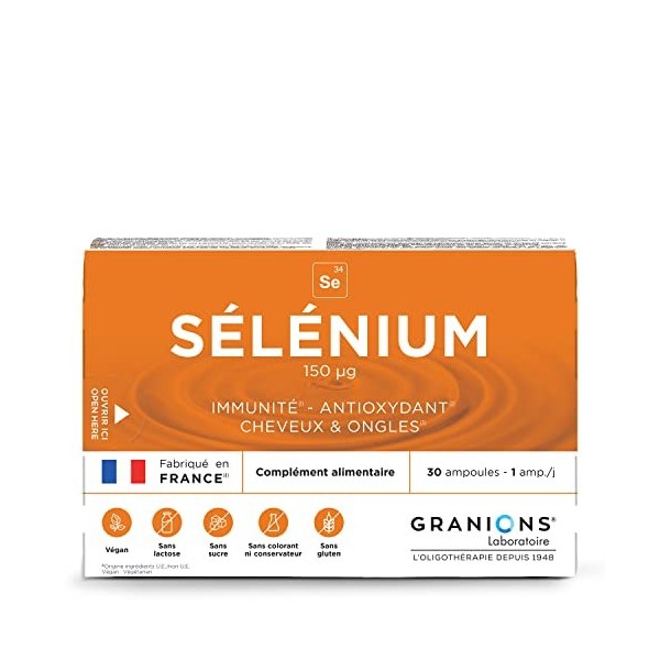 Granions® SÉLÈNIUM 150 µg - 30 ampoules : 30 jours - Immunité - Antioxydant - Cheveux & ongles - 150 µg de Sélénium - Made in...