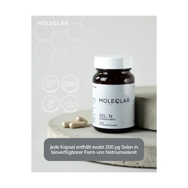 MoleQlar Sélénium 60 gélules – 200 µg sélénite de sodium/capsule, 60 jours, végan, certifié Allemagne