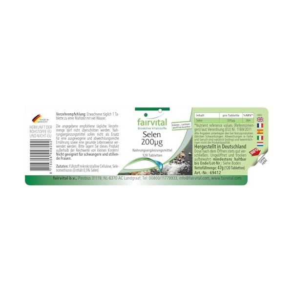 Fairvital | Sélenium 200mcg - Sélénométhionine - VEGAN - Dosage puissant - 120 Comprimés