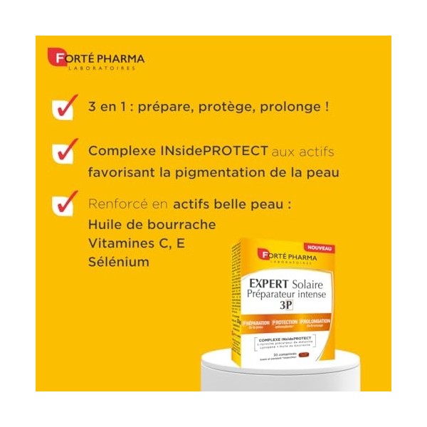 Forté Pharma - Expert Solaire Préparateur Intense 3P - 3-en-1 Prépare, Protège et Prolonge - Antioxydant - Sélénium, L-Tyrosi