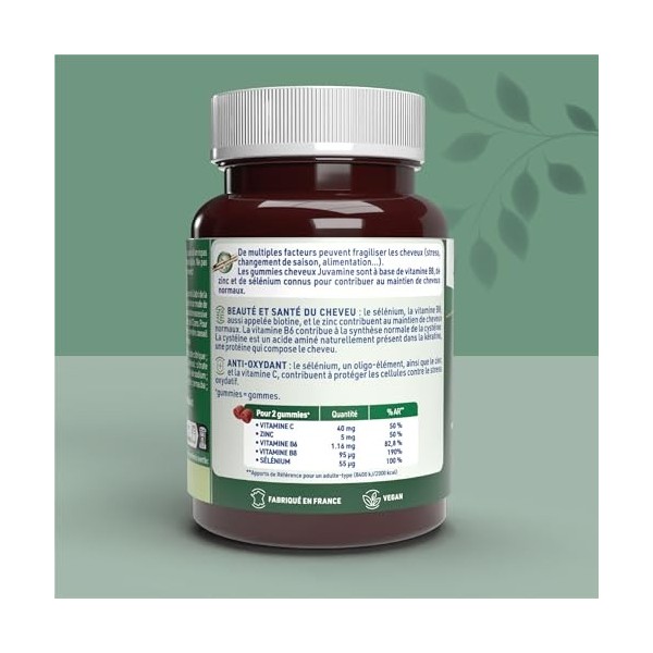 JUVAMINE - Gummies Cheveux 2-en-1 - Beauté et Santé du cheveu - Antioxydant - Sélénium - Vitamine B8 - Zinc - Vitamine B6 - V