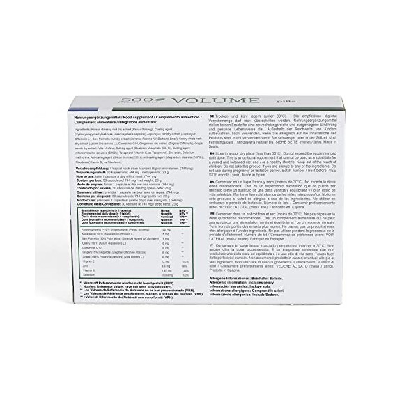 500COSMETICS VOLUME avec Zinc, Sélénium Antioxydants, Coenzyme Q10 et Vitamines qui stimulent la production de et la qualité ...