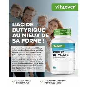 Butyrate de sodium - 180 gélules de 600 mg - Premium : 90% dacide butyrique - Butyrate de sodium pur sans additifs indésirab