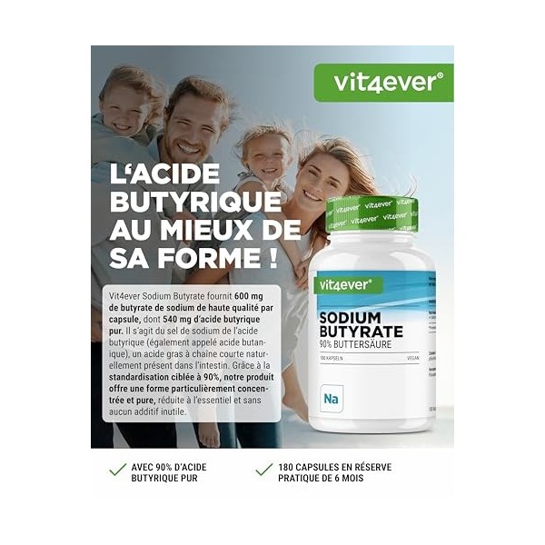 Butyrate de sodium - 180 gélules de 600 mg - Premium : 90% dacide butyrique - Butyrate de sodium pur sans additifs indésirab