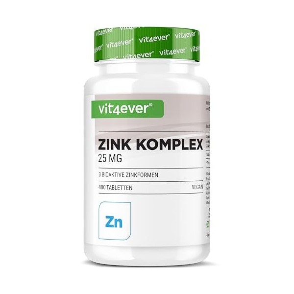 Complexe Zinc 25 mg - 400 Comprimés - Avec 3 Formes de Zinc Biodisponibles Bisglycinate de Zinc, Gluconate de Zinc, Citrate 