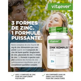 Complexe Zinc 25 mg - 400 Comprimés - Avec 3 Formes de Zinc Biodisponibles Bisglycinate de Zinc, Gluconate de Zinc, Citrate 