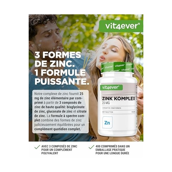 Complexe Zinc 25 mg - 400 Comprimés - Avec 3 Formes de Zinc Biodisponibles Bisglycinate de Zinc, Gluconate de Zinc, Citrate 