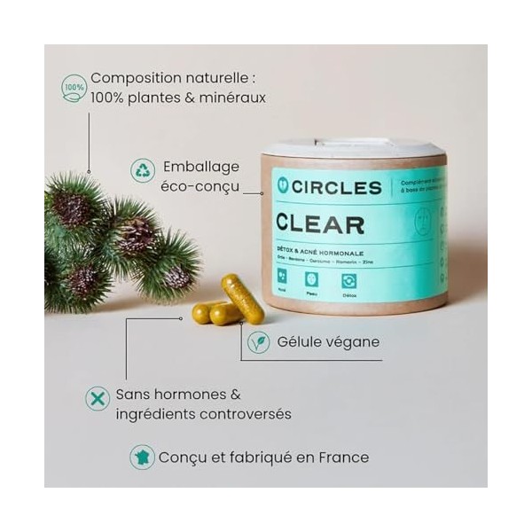 Circles CLEAR Peau, Cheveux, Ongles – Complément de Zinc + Bardane, Ortie, Romarin & Curcuma | Détox Peau & Équilibre Hormona...
