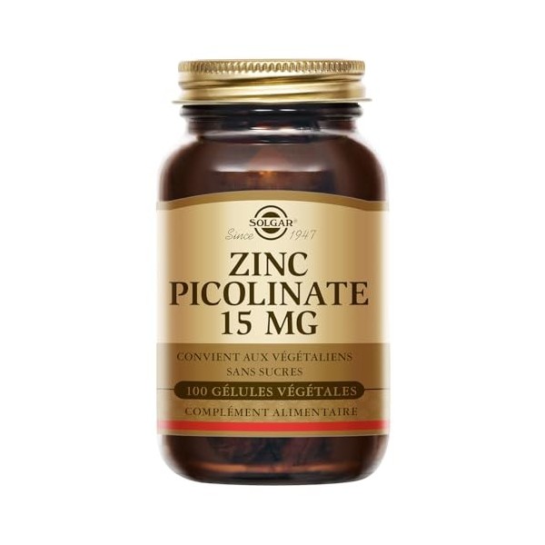 Solgar Zinc Picolinate 15mg - Défenses immunitaires - Zinc hautement assimilable - Nutriment Clé - Complément Alimentaire - F