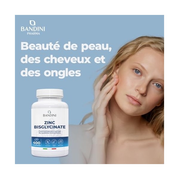 Bandini® Zinc Bisglycinate 400 Comprimés Végétaliens 13 mois - Zinc pur Antioxydant Haute biodisponibilité - Pour Peau, Che