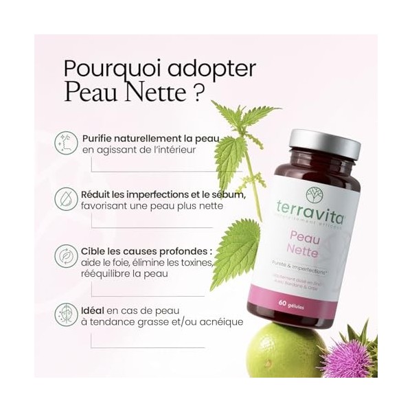 PEAU NETTE | Action Détox Anti Acné & Points Noirs | Zinc Bisglycinate 15mg + Bardane + Biotine + Propolis | Régule la Produc