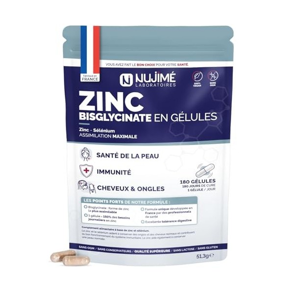 Zinc Bisglycinate 15mg + Sélénium | Assimilation Maximale | Peau, Ongles, Cheveux, Immunité, Fertilité | Fabriqué en France ...