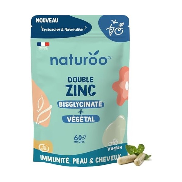 Double Zinc : Bisglycinate & Zinc Végétal Shiitake bio & basilic sacré bio - 60 Gélules Vegan 2 mois - Immunité, Peau, Ch