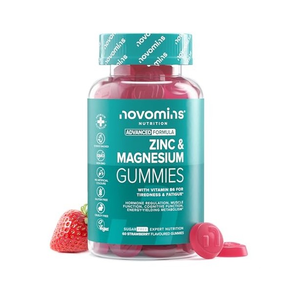 Gummies Zinc & Magnesium avec Vitamine B6 - Sans Sucre ZMA - Soutien à la Santé Musculaire & Osseuse - ZMA Magnésium Zinc et 