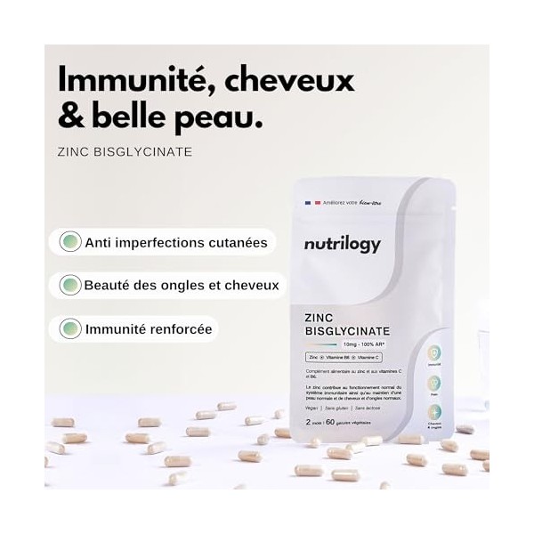 Zinc Bisglycinate 10mg | Haute absorption & Assimilation optimale | Avec Vitamines C et B6 | Immunité, Peau, Cheveux & Ongles