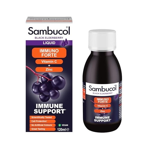 Sambucol Baies de sureau noir Immuno Forte | Vitamine C | Zinc | Support du système immunitaire | Complément alimentaire | Na