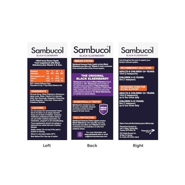 Sambucol Baies de sureau noir Immuno Forte | Vitamine C | Zinc | Support du système immunitaire | Complément alimentaire | Na