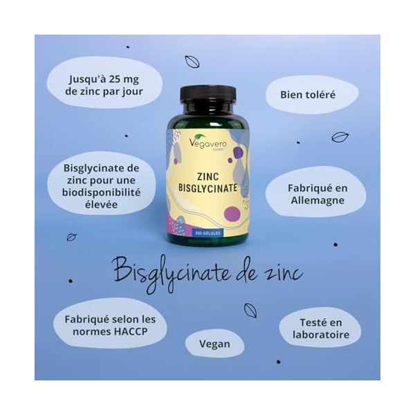 Zinc Bisglycinate | 300 Gélules | 100% Pur – Sans Additifs | Haute Absorption + Vegan | Complément Alimentaire Peau Acné + 