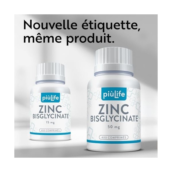 Zinc Bisglycinate 50 mg dont 15 mg de Zink Élémentaire PiùLife – ZN Complément Alimentaire Hautement Biodisponible – Peau, Zinc