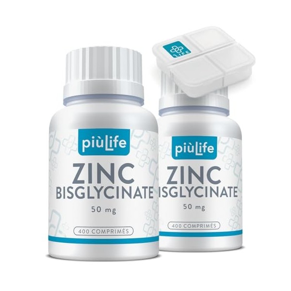 Zinc Bisglycinate 50 mg dont 15 mg de Zink Élémentaire PiùLife – ZN Complément Alimentaire Hautement Biodisponible – Peau, Zinc