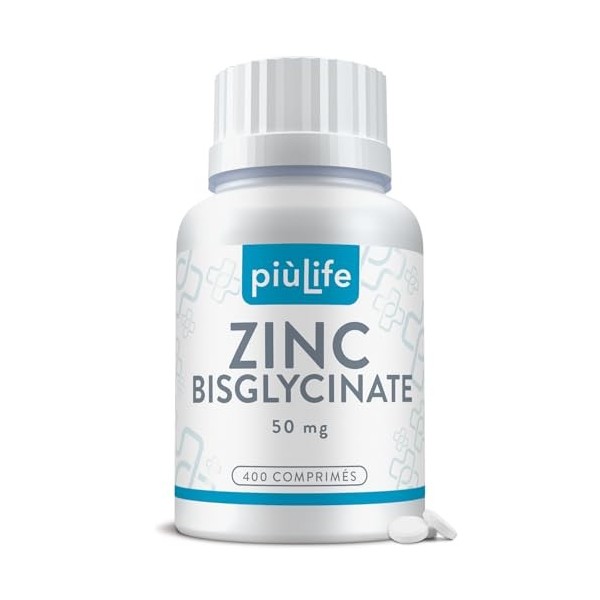 Zinc Bisglycinate 50 mg dont 15 mg de Zink Élémentaire PiùLife – ZN Complément Alimentaire Hautement Biodisponible – Peau, Zinc
