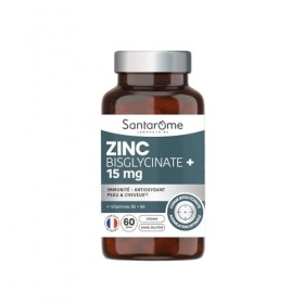 Santarome - Zinc Bisglycinate 15 mg – Immunité, Antioxydant, Peau & Cheveux – Avec Vitamines B5 & B6 – Haute Assimilation – V