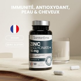 Santarome - Zinc Bisglycinate 15 mg – Immunité, Antioxydant, Peau & Cheveux – Avec Vitamines B5 & B6 – Haute Assimilation – V